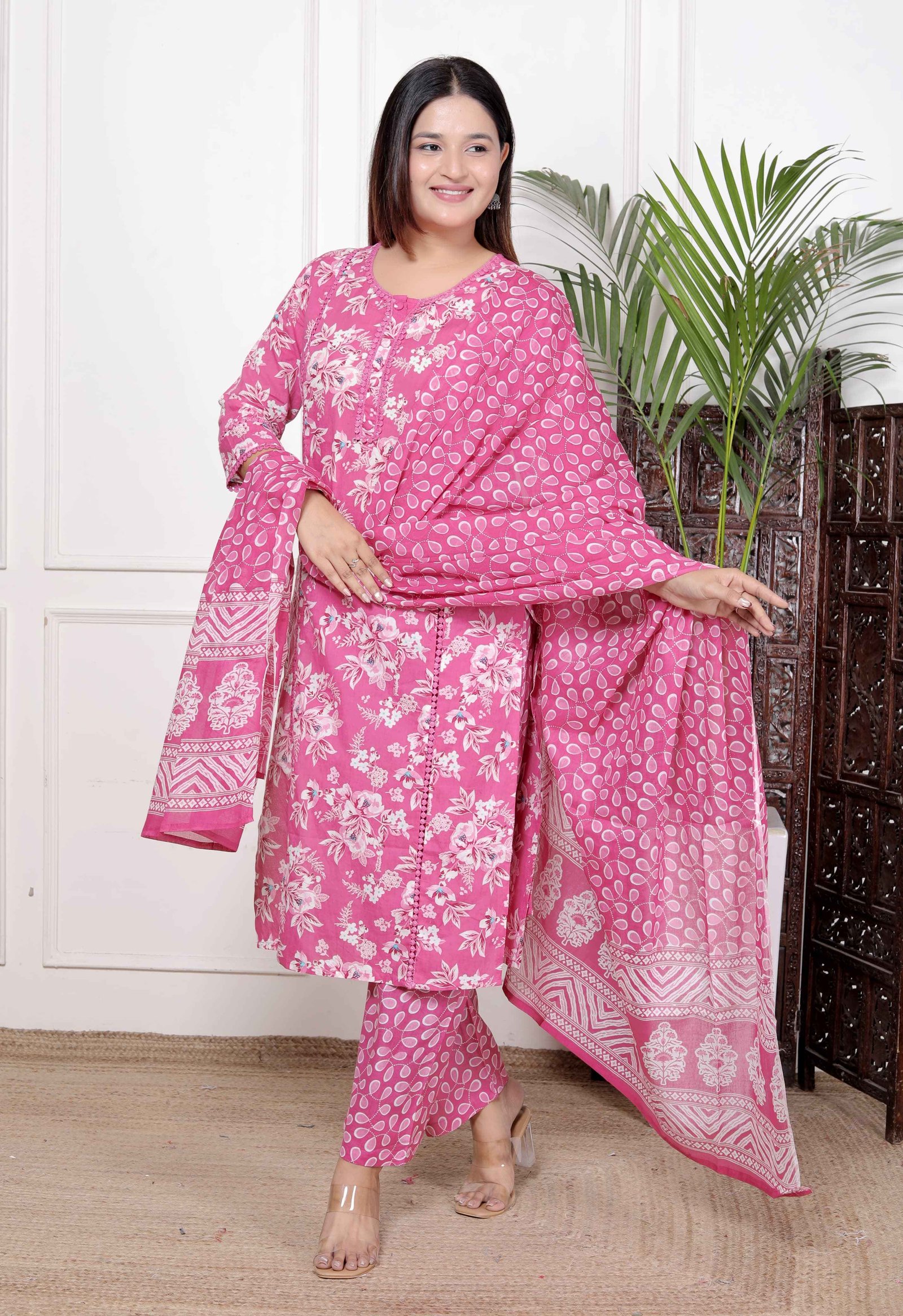 “Breathe Easy in Bloom: Pink Floral Printed Cotton Suit Set”